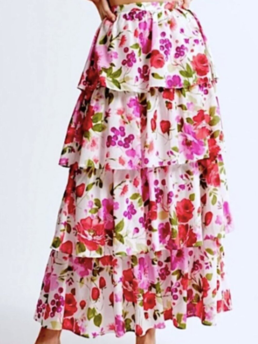 AF Abercrombie & Fitch Drama Tiered Pink Red Floral Maxi Skirt Size M NWT